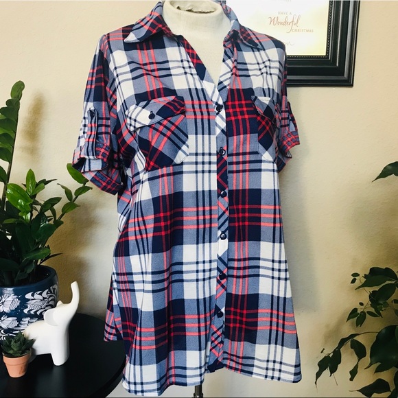RNB Tops - Plaid Tunic Collared Button-Up w/ Lace Back Sz 2x